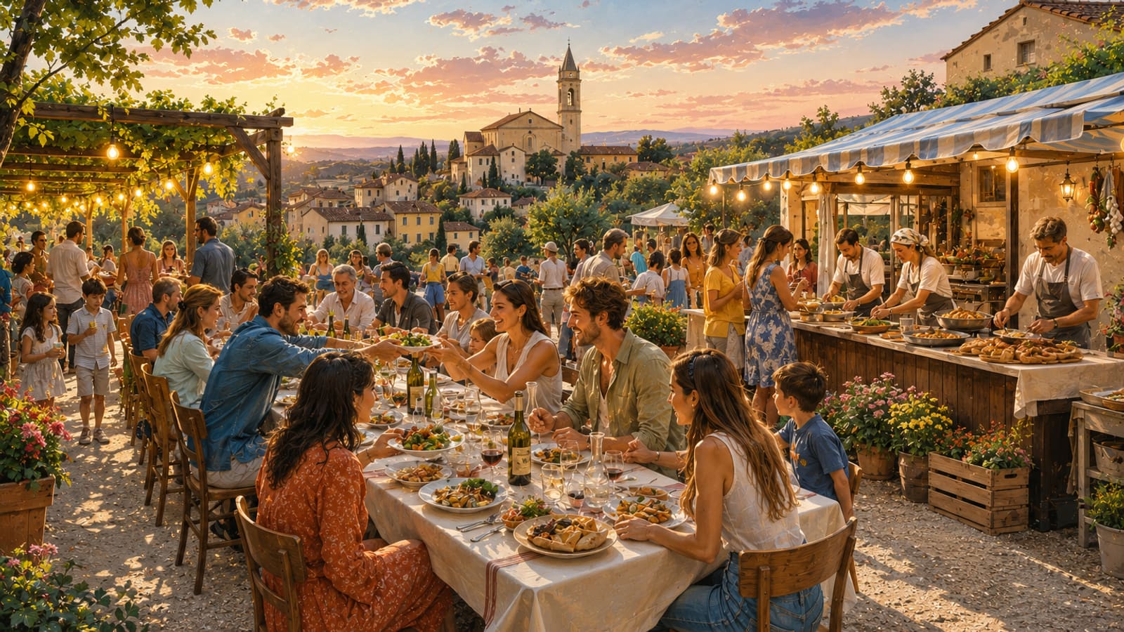 Illustrazione: sagra di paese al tramonto, tavolate lunghe sotto luci a festa, stand gastronomico e campanile fra le colline